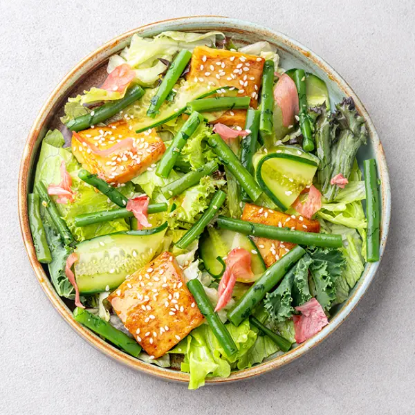 Tofu Pattaya-style Spicy Laab Phak Salad with Pickled Cucumber & Smashed Long Beans